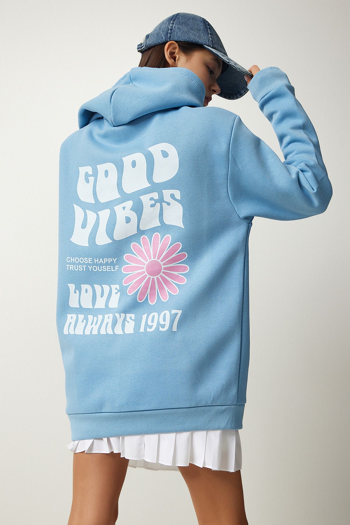 Açık Mavi Baskılı Kapüşonlu Şardonlu Sweatshirt OW00011