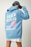 Açık Mavi Baskılı Kapüşonlu Şardonlu Sweatshirt OW00011