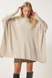Krem Yandan Yırtmaçlı Oversize Panço Kazak YY00005