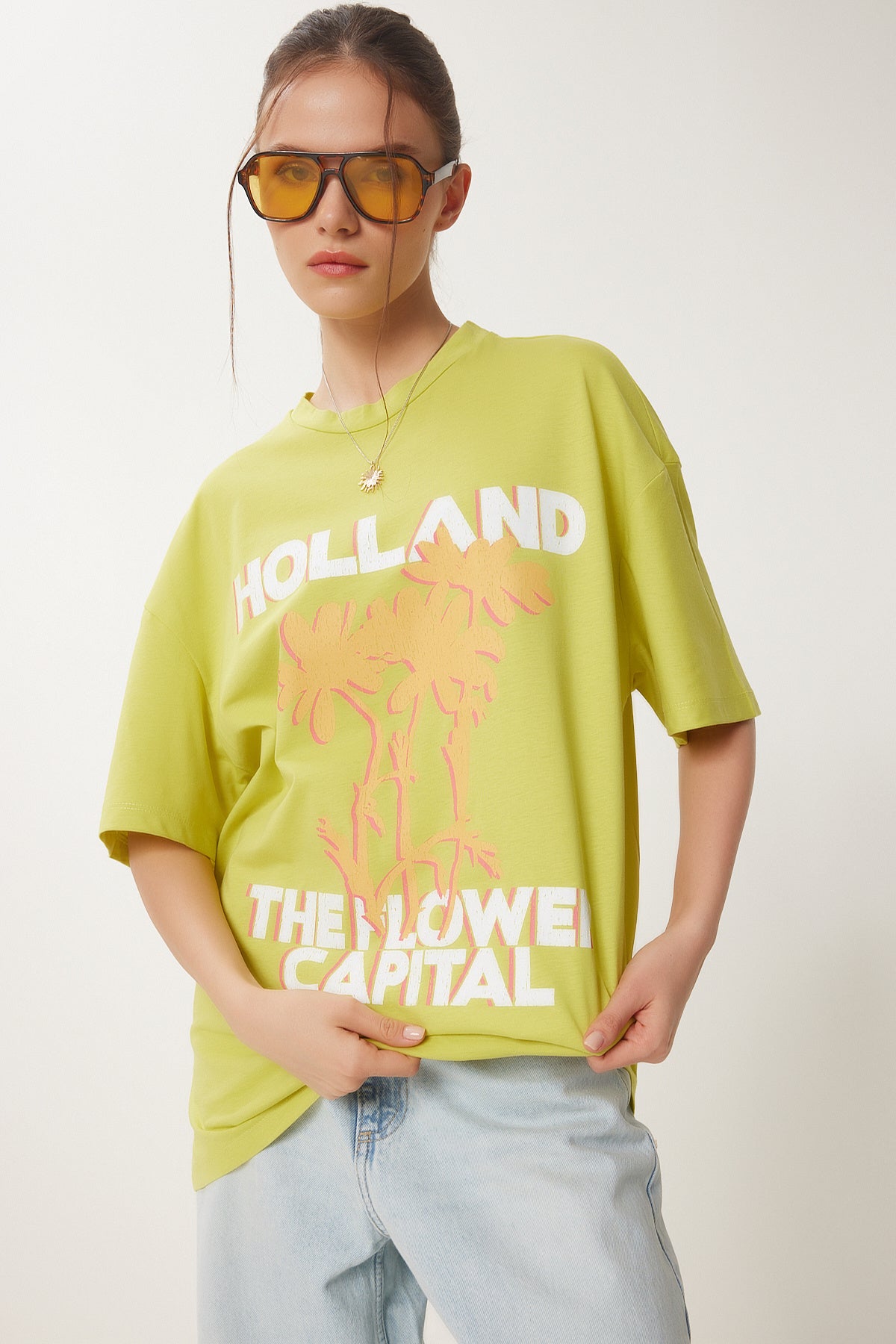 Yağ Yeşili Oversize Baskılı Örme T-Shirt JH00054