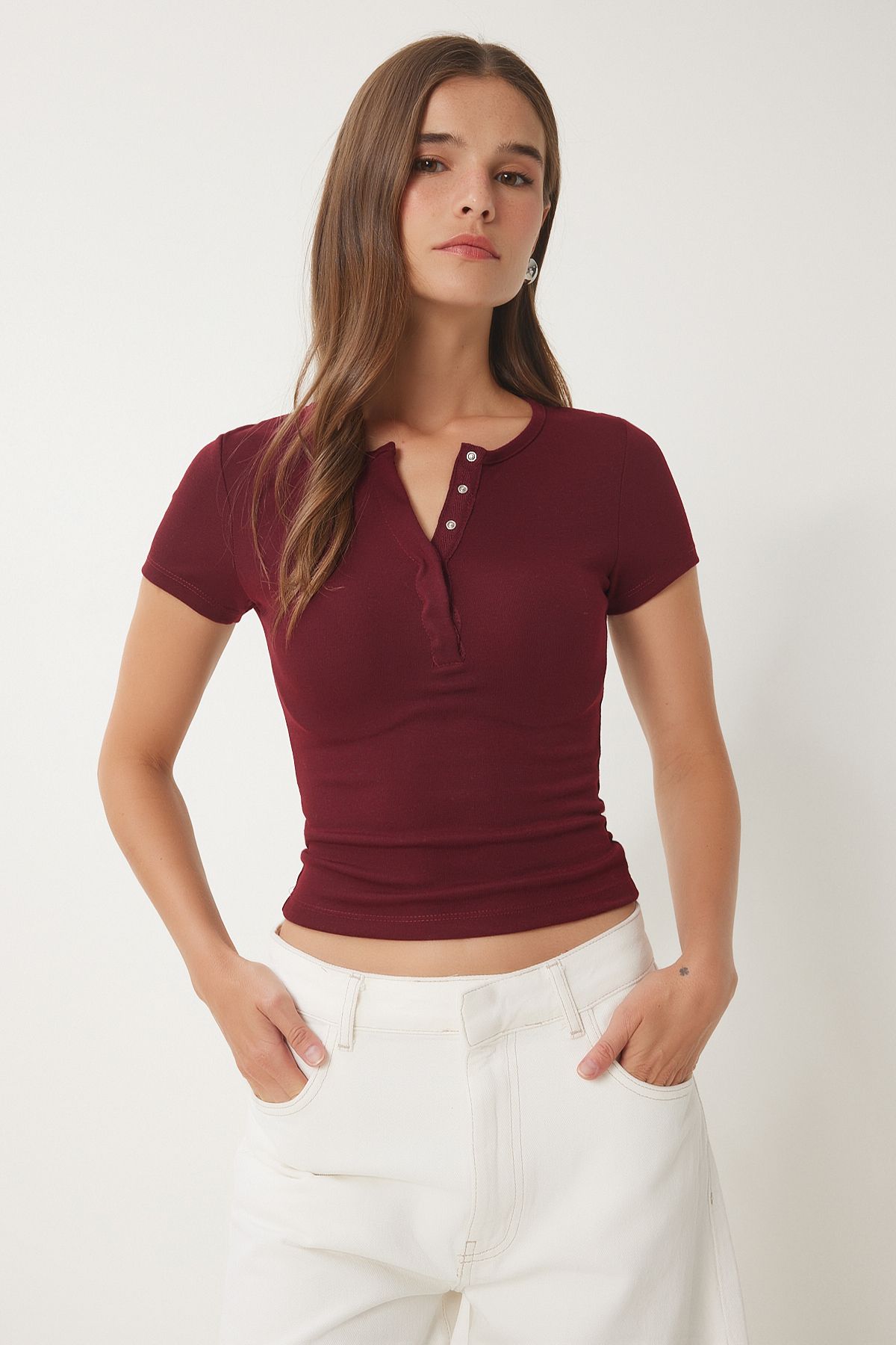 Bordo Çıtçıtlı Basic Örme Crop Bluz FW00004