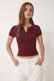 Bordo Çıtçıtlı Basic Örme Crop Bluz FW00004
