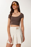 Krem Pileli Mini Gabardin Etek ZH00055
