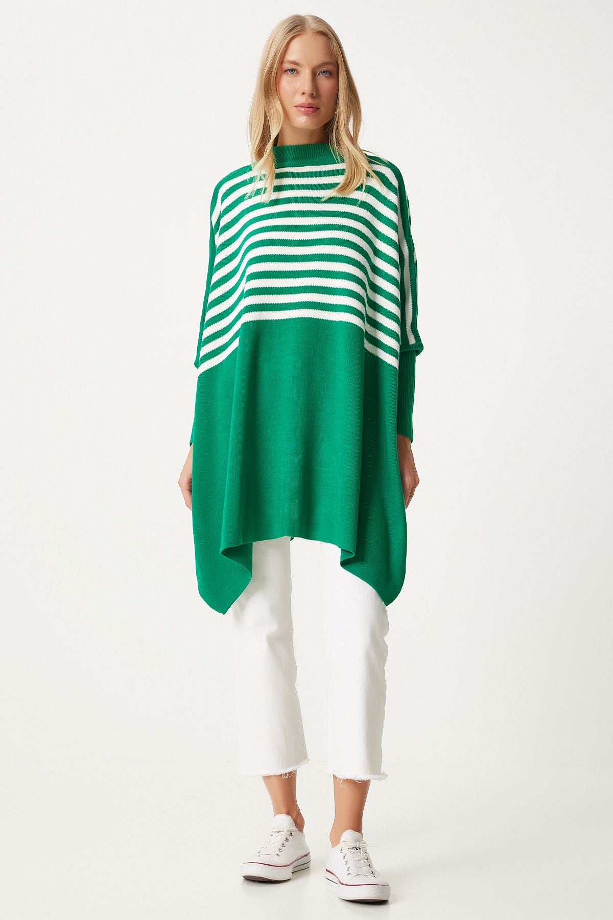 Yeşil Çizgili Yandan Yırtmaçlı Oversize Panço Kazak DD01336