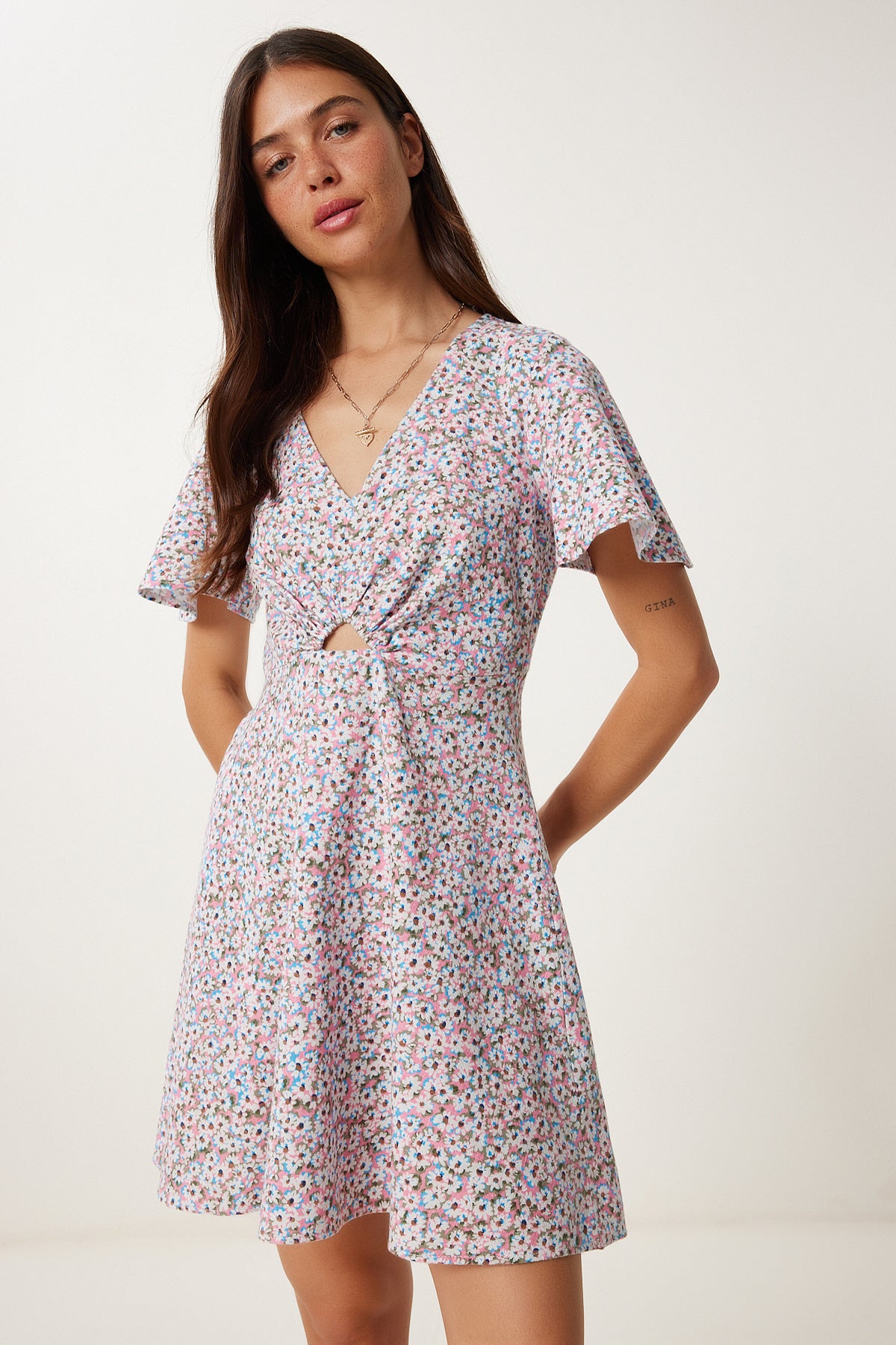 Pembe Çiçekli Yazlık Mini Keten Elbise FK00034