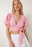 Pembe Bağlama Detaylı Crop Keten Bluz NS00443