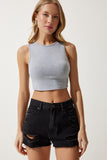Gri Halter Yaka Crop Örme Bluz OW00039