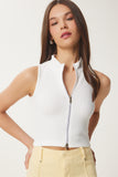 Ekru Fermuarlı Fitilli Crop Bluz KH00100