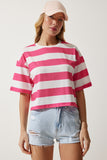 Beyaz Pembe Bisiklet Yaka Çizgili Crop Örme T-Shirt HF00452
