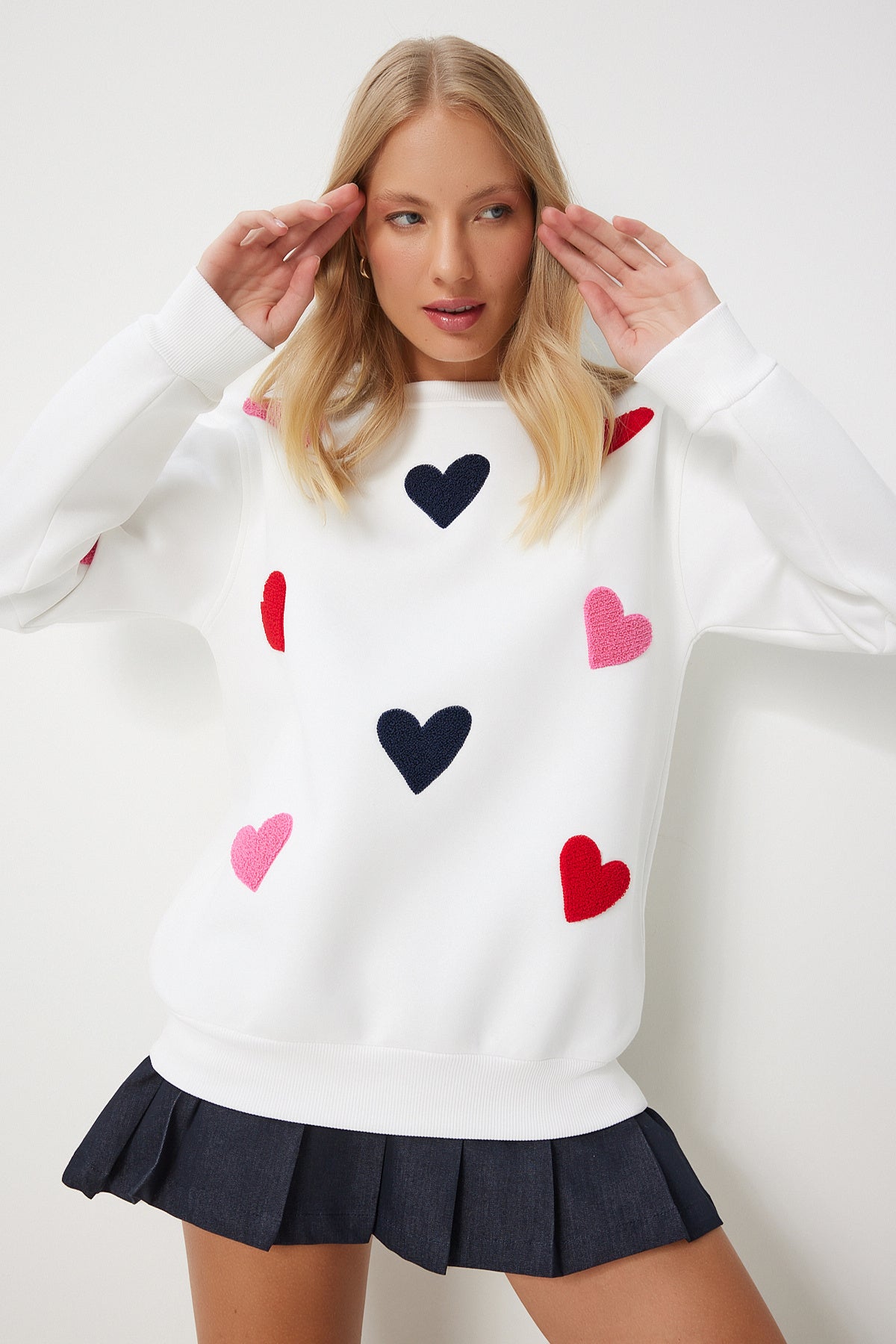 Ekru Kalpli Dokulu Şardonlu Örme Sweatshirt NJ00162