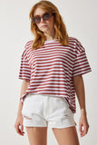 Gül Kurusu Bisiklet Yaka Çizgili Oversize Örme T-Shirt EN00609