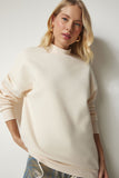 Krem Dik Yaka Basic Şardonlu Sweatshirt UB00166