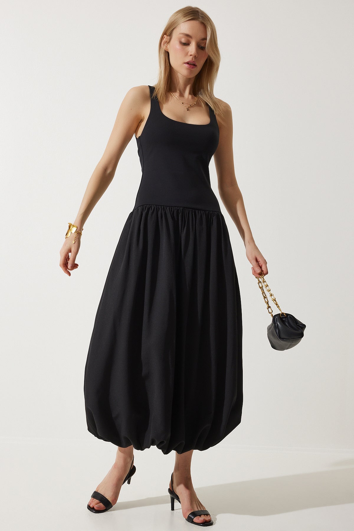 Siyah Balon Midi Elbise UB00276