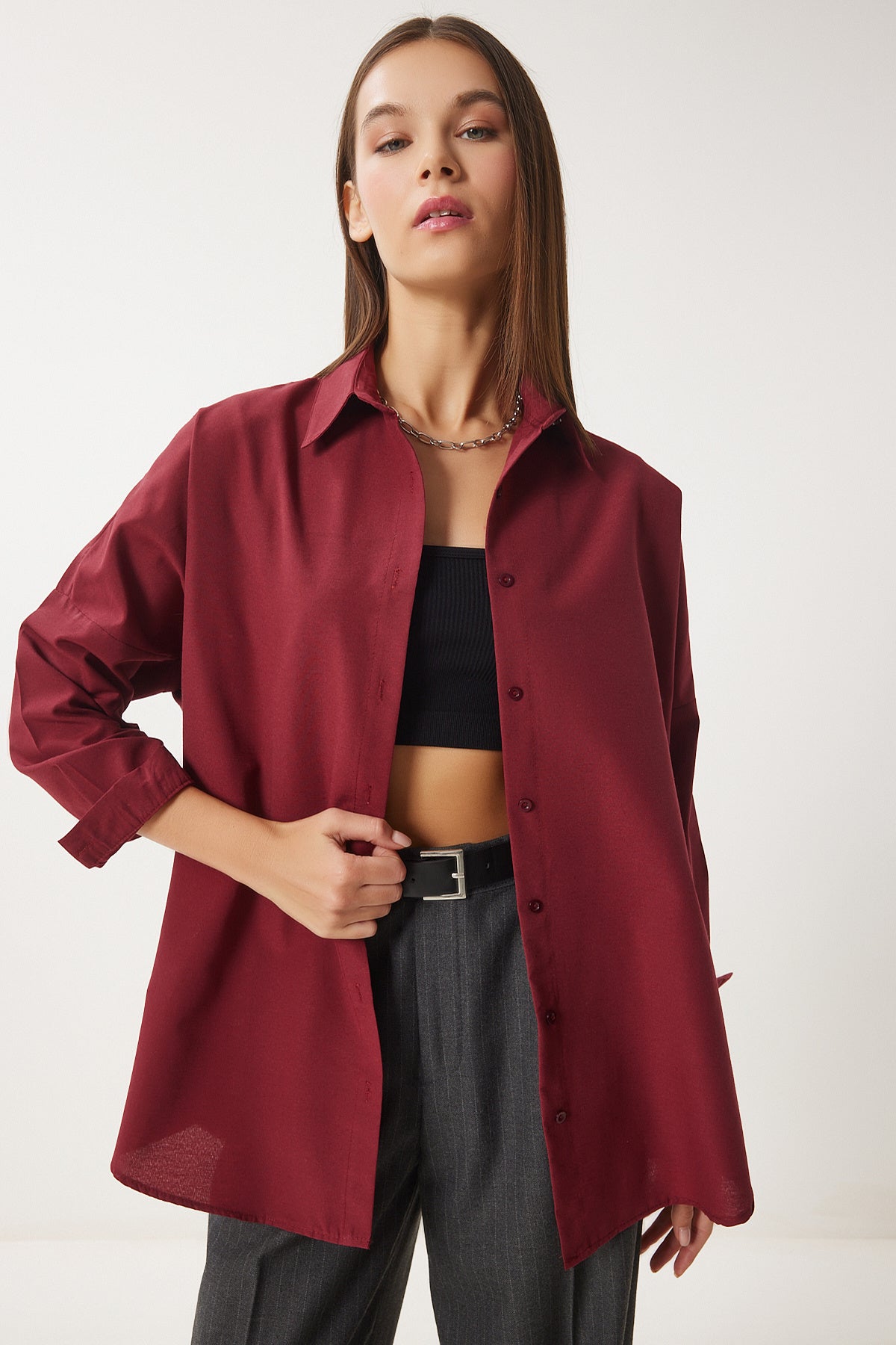 Bordo Oversize Uzun Basic Gömlek  DD00842