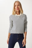 Ekru Lacivert Çizgili Pamuklu Basic Örme Bluz NJ00156