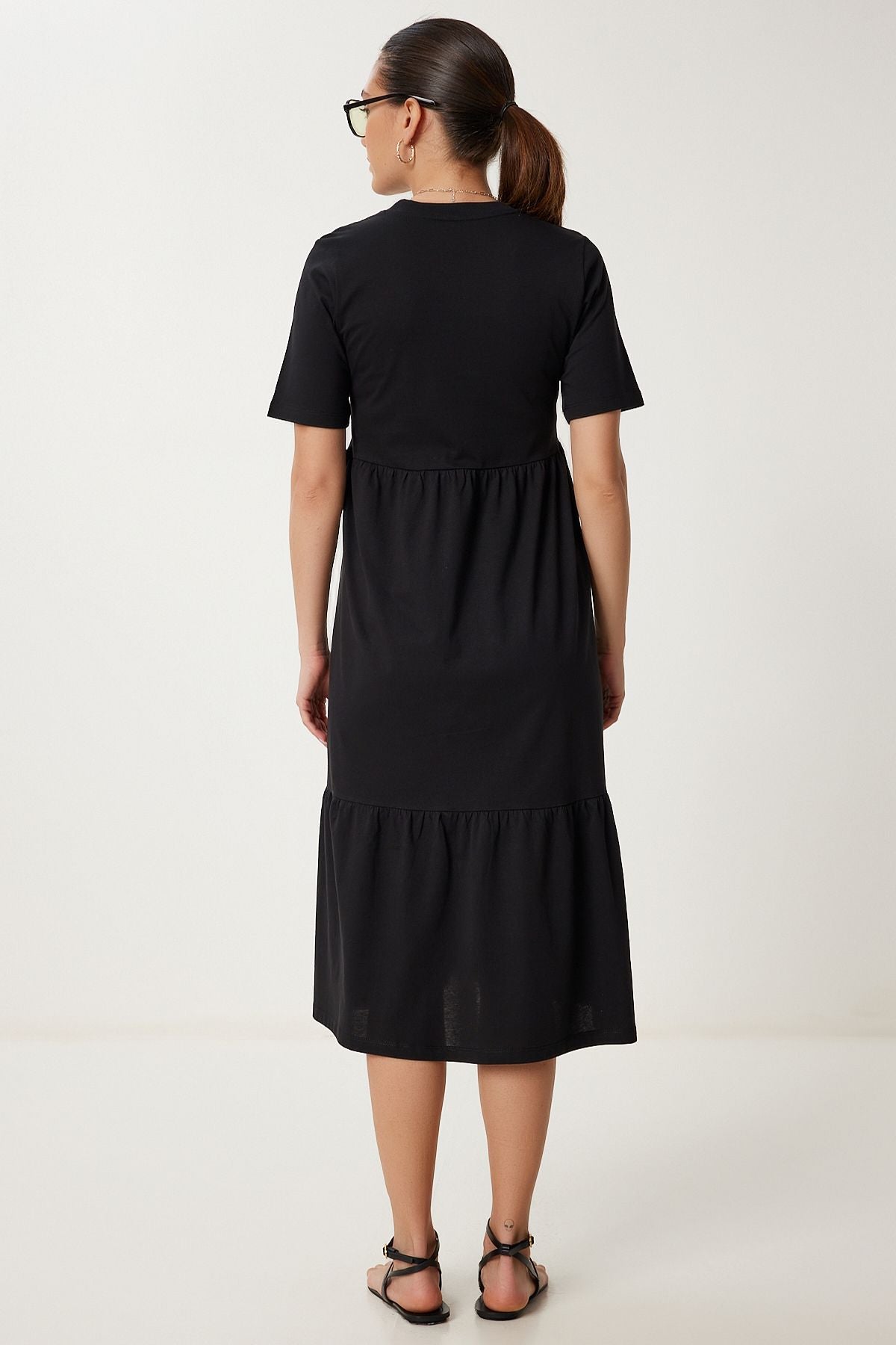 Siyah Oversize Volanlı Yazlık Örme Elbise CR00475