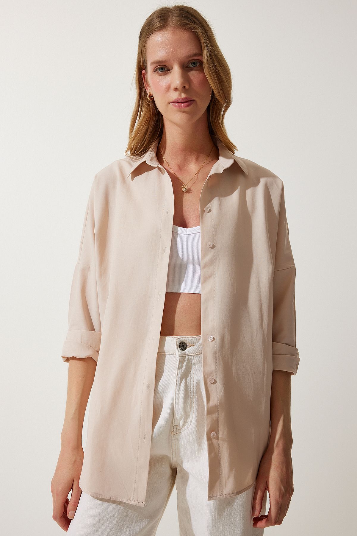 Krem Oversize Uzun Basic Gömlek DD00842