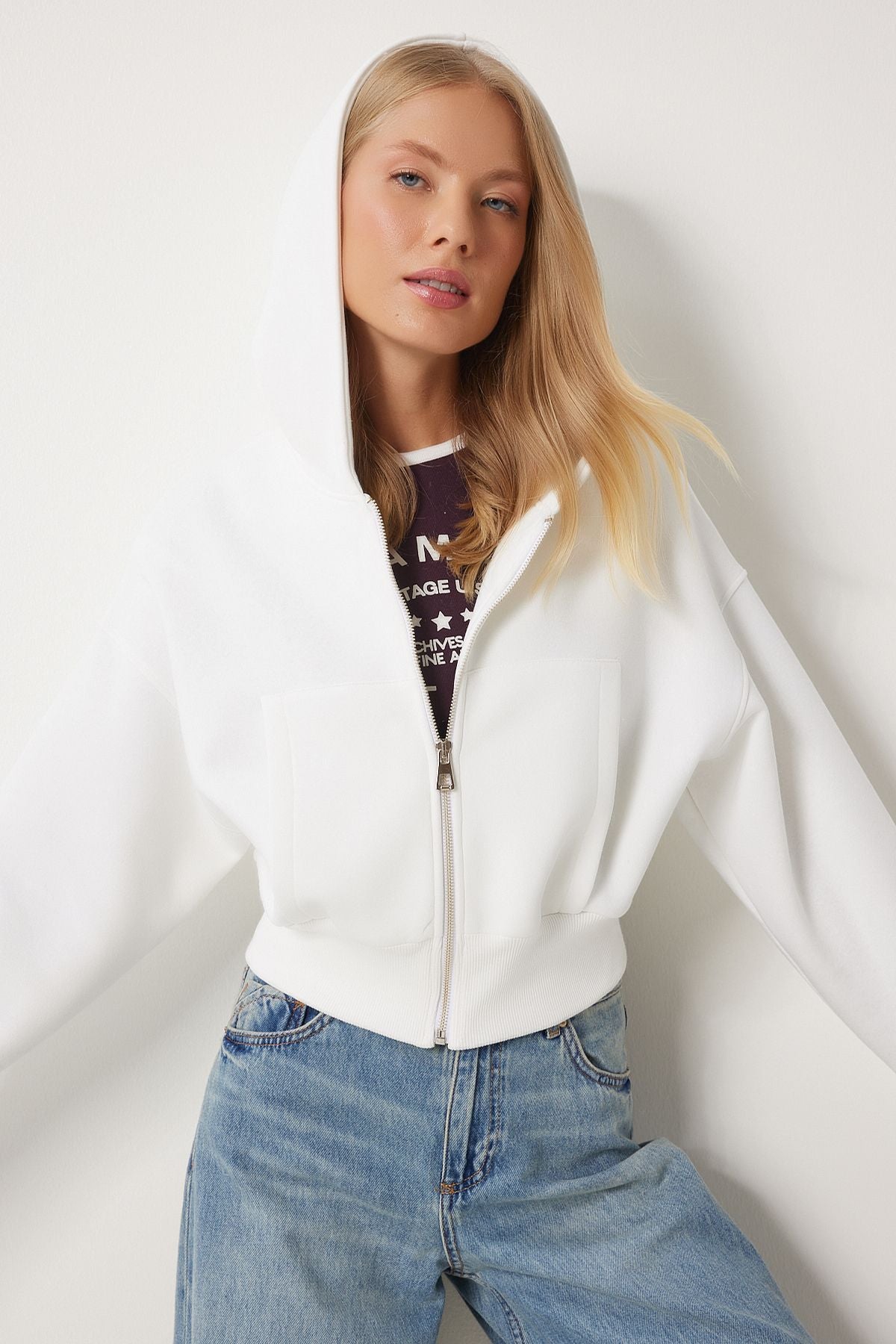 Ekru Kapüşonlu Şardonlu Fermuarlı Sweatshirt OW00051
