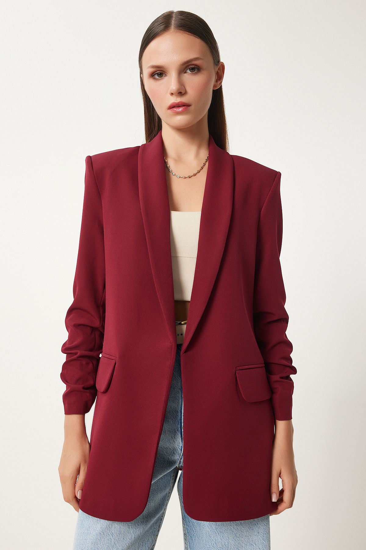 Bordo Şal Yaka Büzgü Detaylı Dokuma Blazer Ceket HL00004