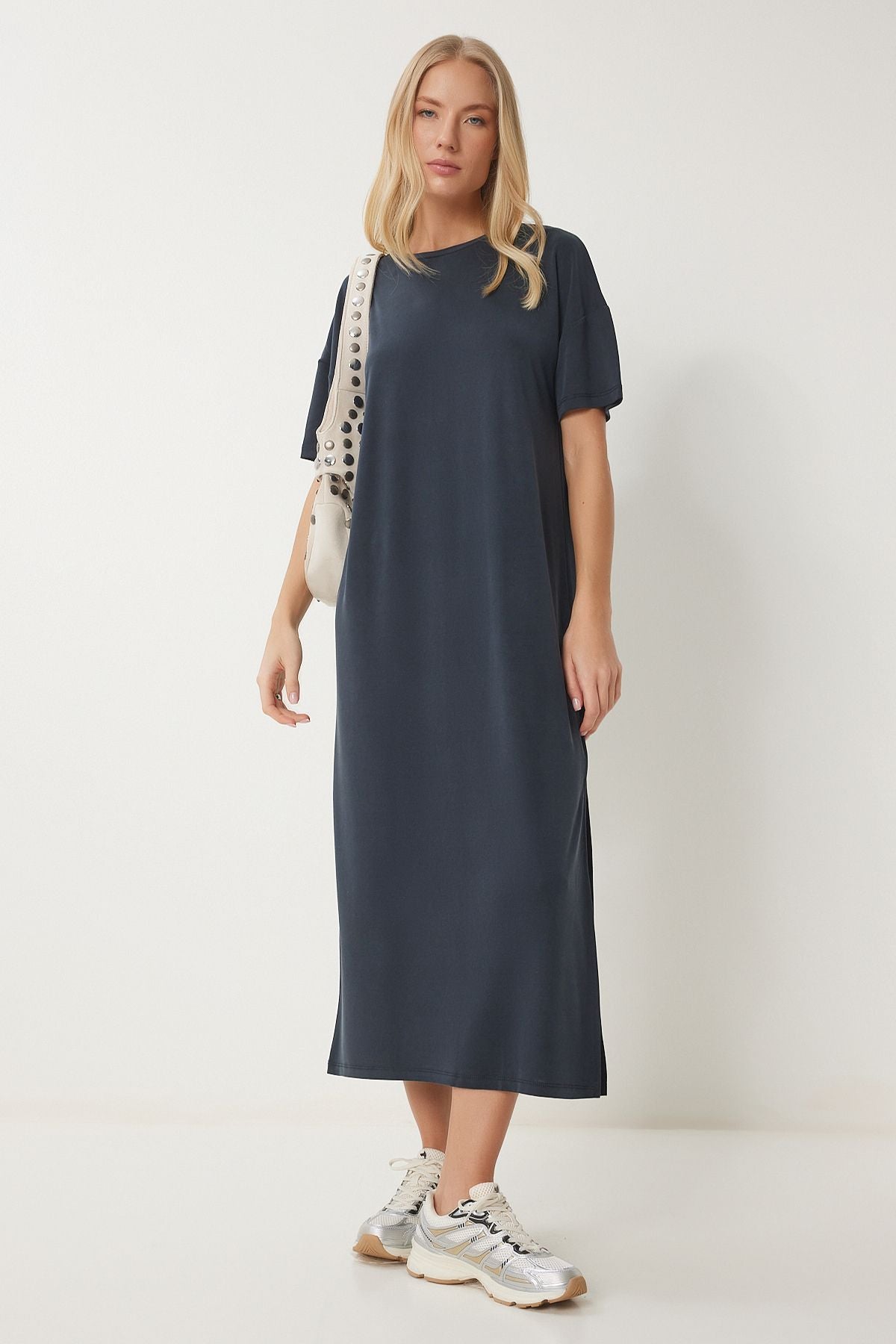 Antrasit Oversize Basic Yazlık Örme Elbise UB00299