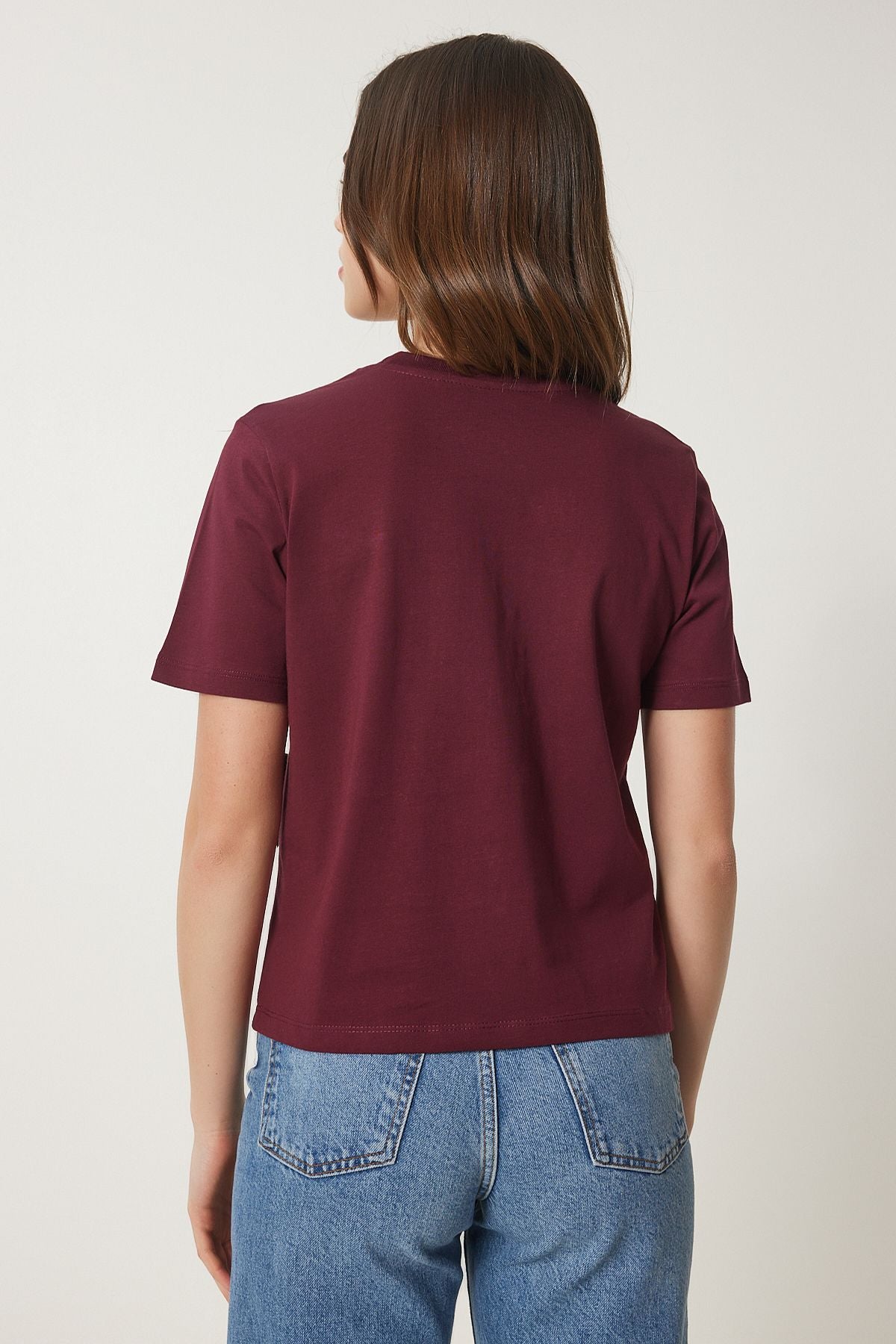 Bordo Fiyonklu Pamuklu Örme T-Shirt CR00453
