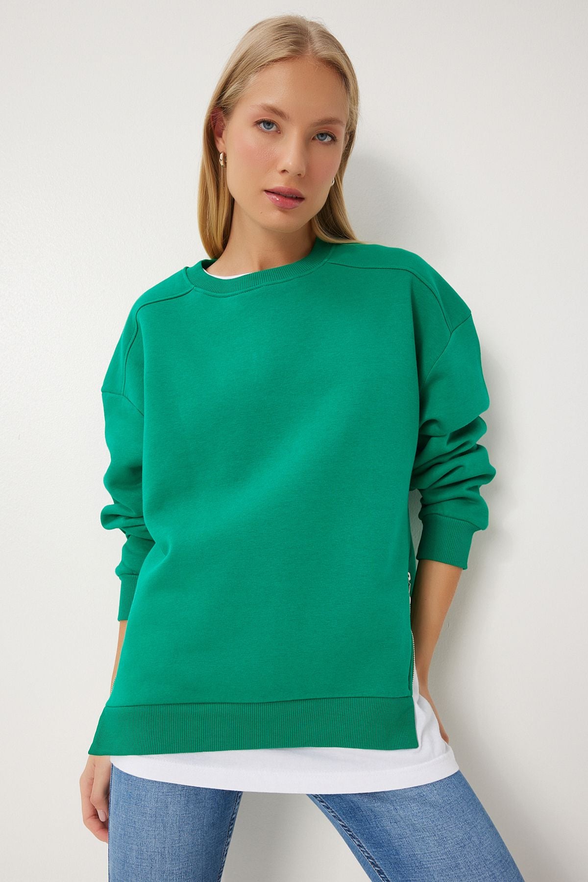 Koyu Yeşil Fermuar Detaylı Şardonlu Örme Sweatshirt UB00148