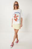 Ekru Baskılı Pamuklu Oversize Örme T-Shirt YY00237