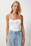 Ekru Gül Detaylı Straplez Crop Triko Bluz  FN03368