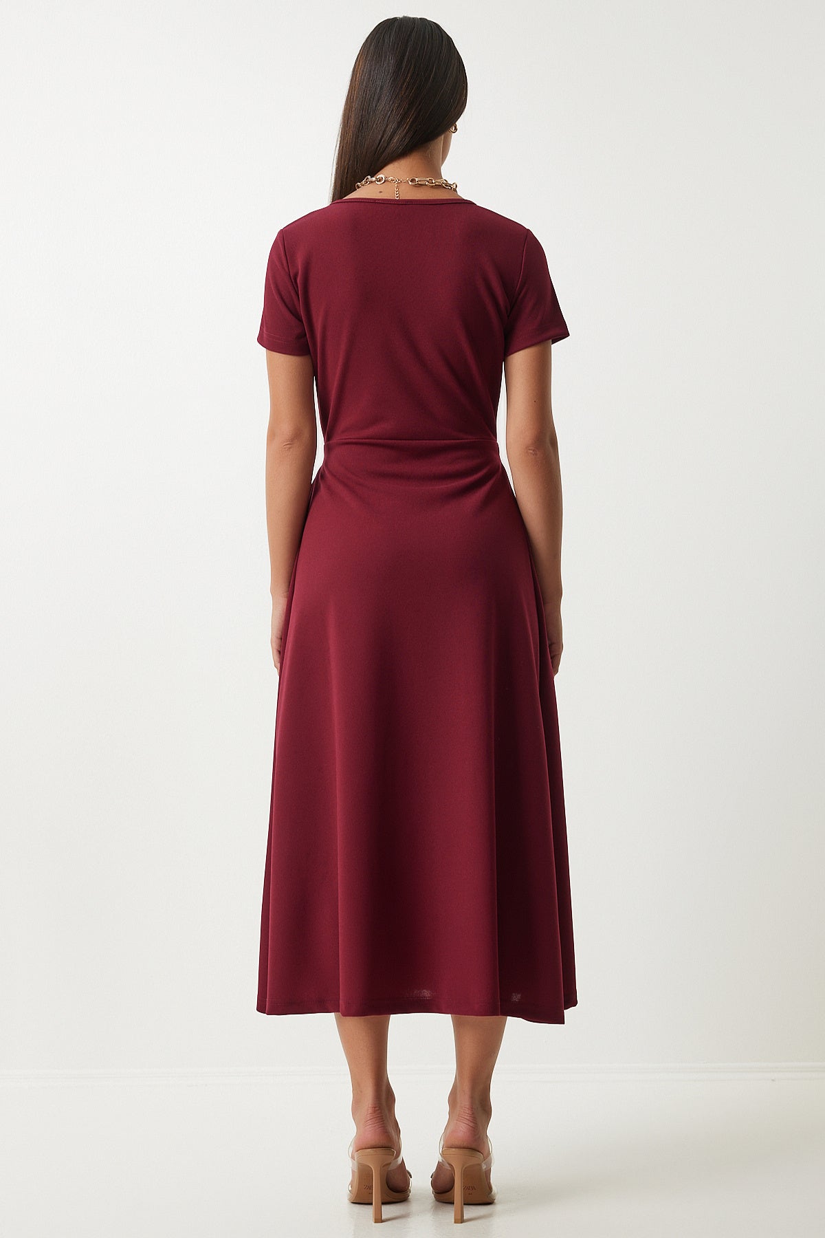 Bordo V Yaka Anvelop Midi Örme Elbise TO00134