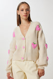 Bej Çilek Motifli Oversize Triko Hırka PF00008