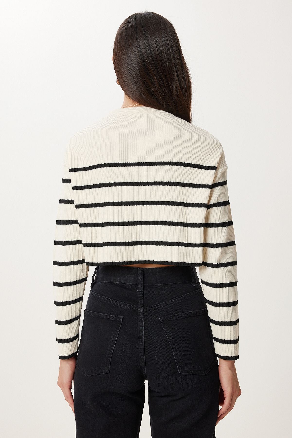 Krem Fitilli Çizgili Crop Triko Kazak PF00048