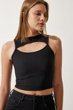 Siyah Cut Out Detaylı Fitilli Crop Örme Bluz KH00089