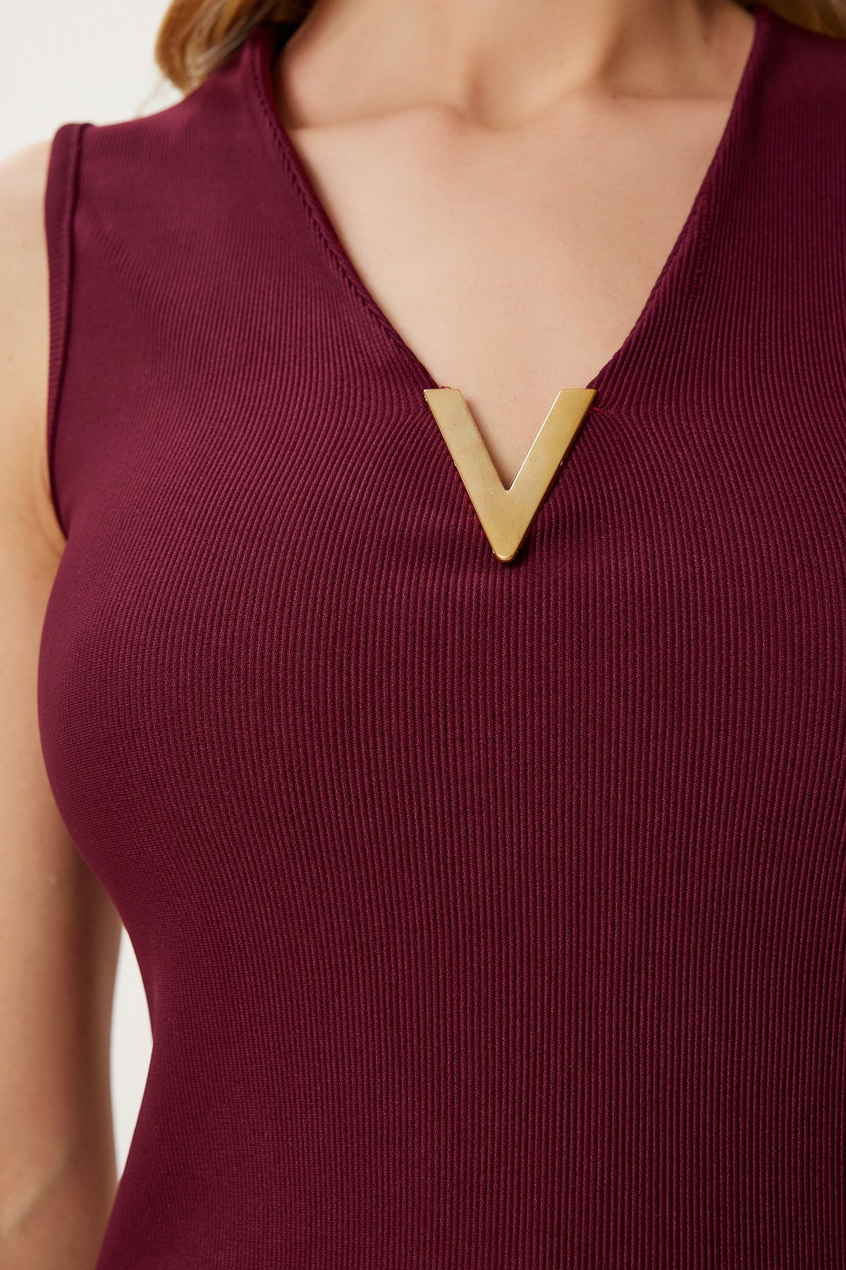 Bordo Gold Aksesuarlı Fitilli Örme Bluz ZV00308