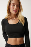 Siyah U Yaka Fitilli Crop Triko Bluz PF00068