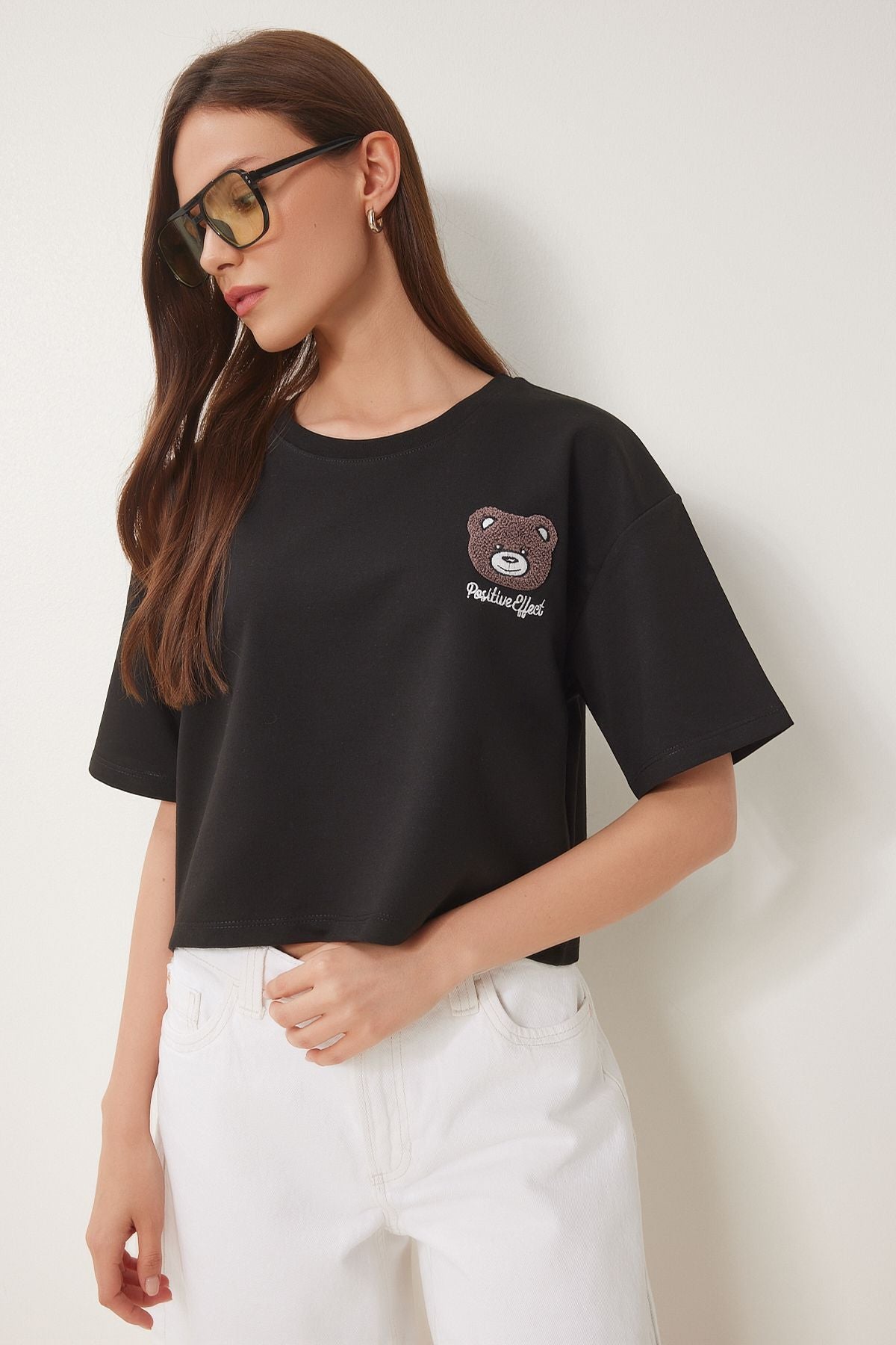 Siyah Ayıcık Armalı Crop Örme T-Shirt ZV00298