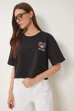 Siyah Ayıcık Armalı Crop Örme T-Shirt ZV00298
