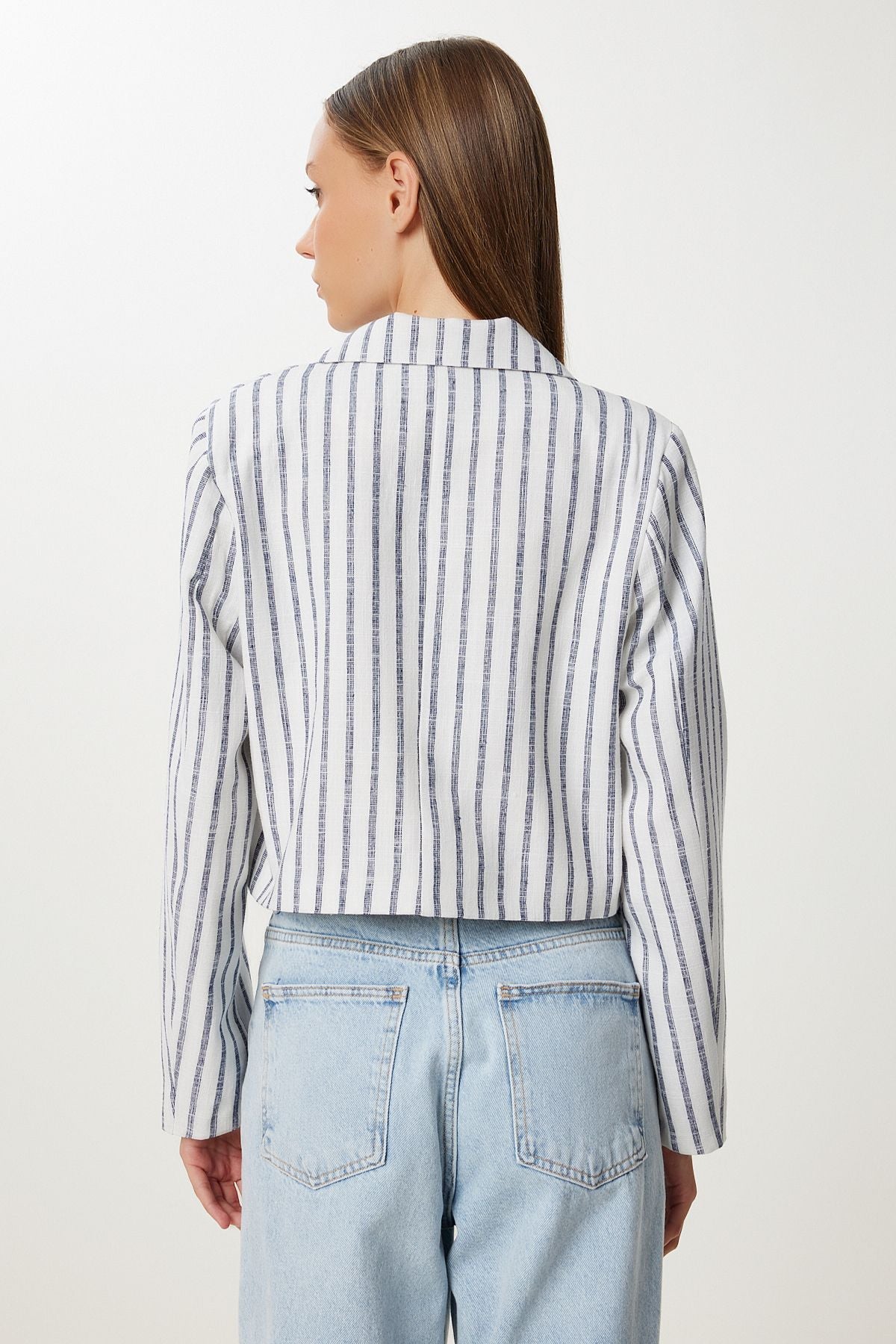 Ekru Lacivert Vatkalı Keten Crop Ceket MX00254