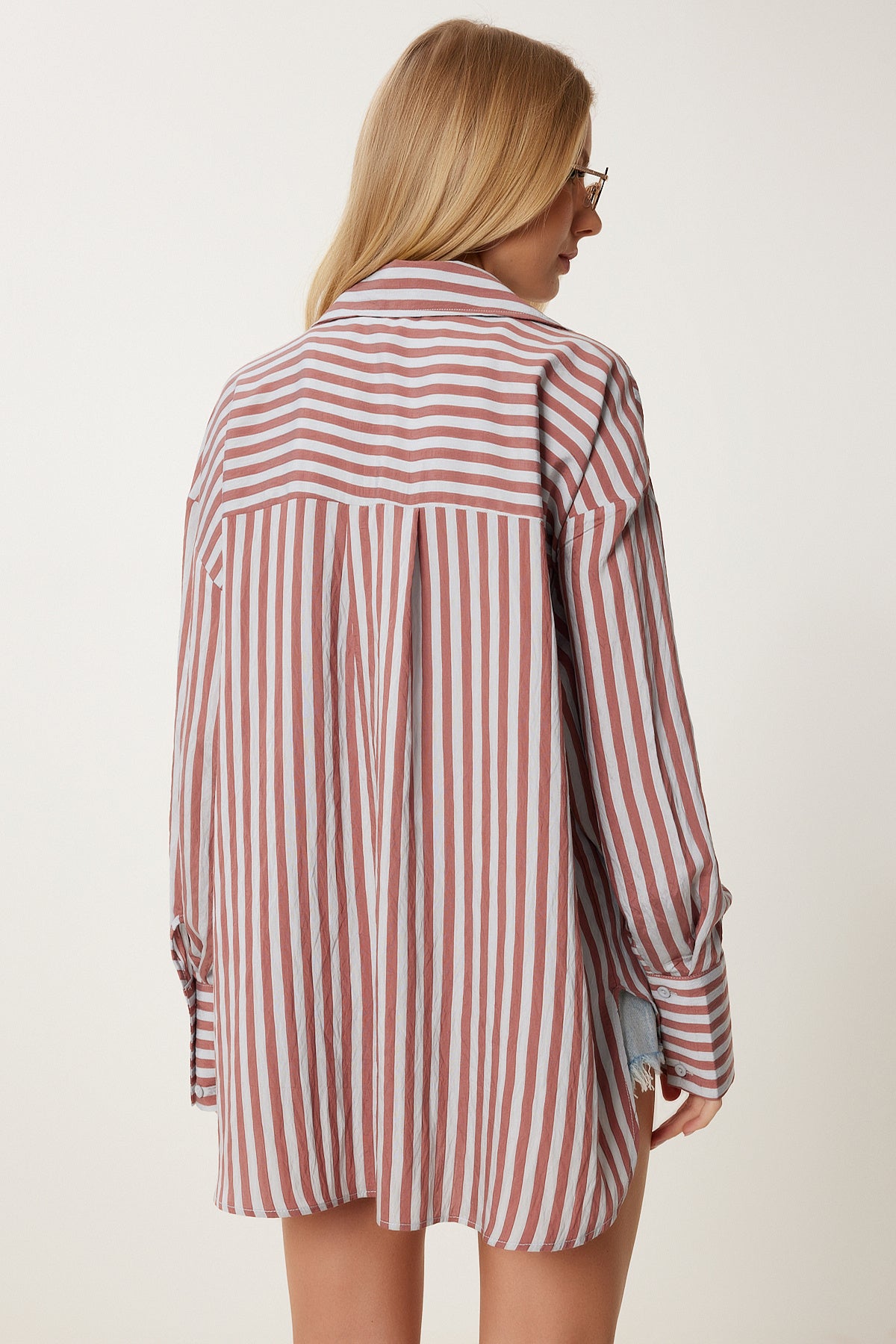Bordo Gri Çizgili Oversize Dokuma Gömlek DP00259