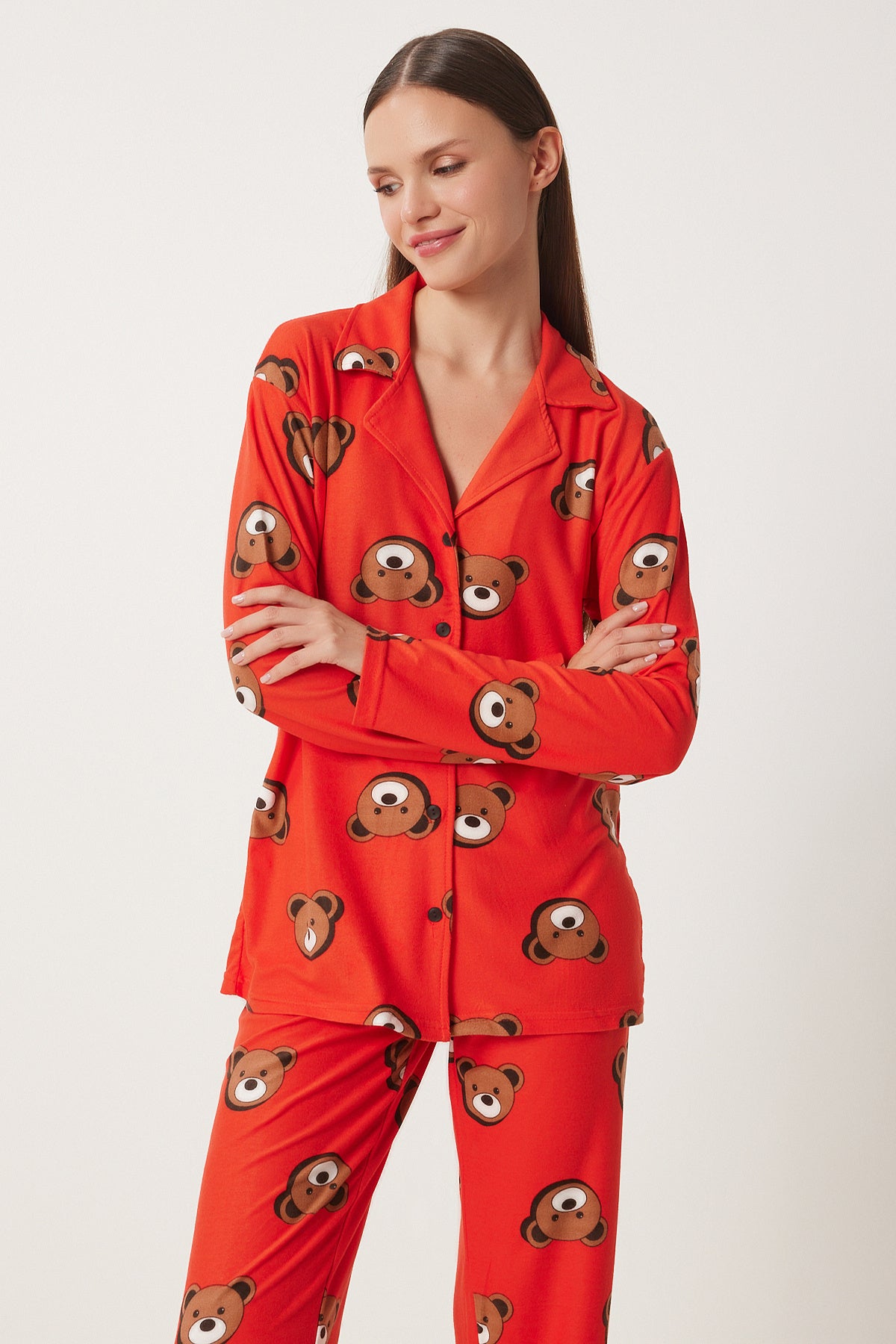 Kırmızı Desenli Kadifemsi Dokulu Örme Pijama Takımı FP00008