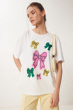 Beyaz Fiyonk Baskılı Örme T-Shirt VN00024