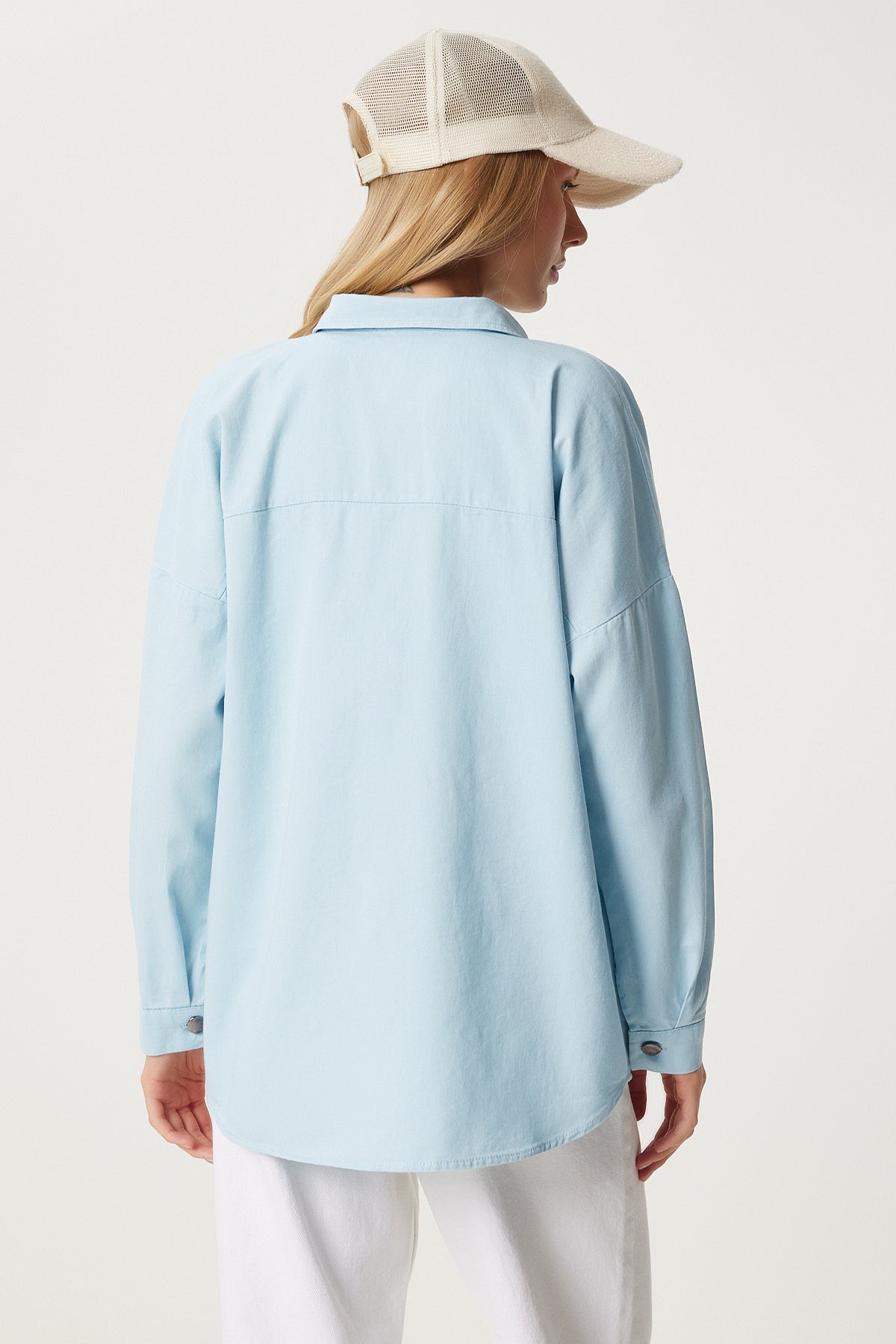 Gök Mavi Cepli Oversize Gabardin Gömlek Ceket DX00017