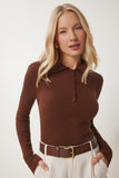 Kahverengi Polo Yaka Fitilli Triko Kazak US00954