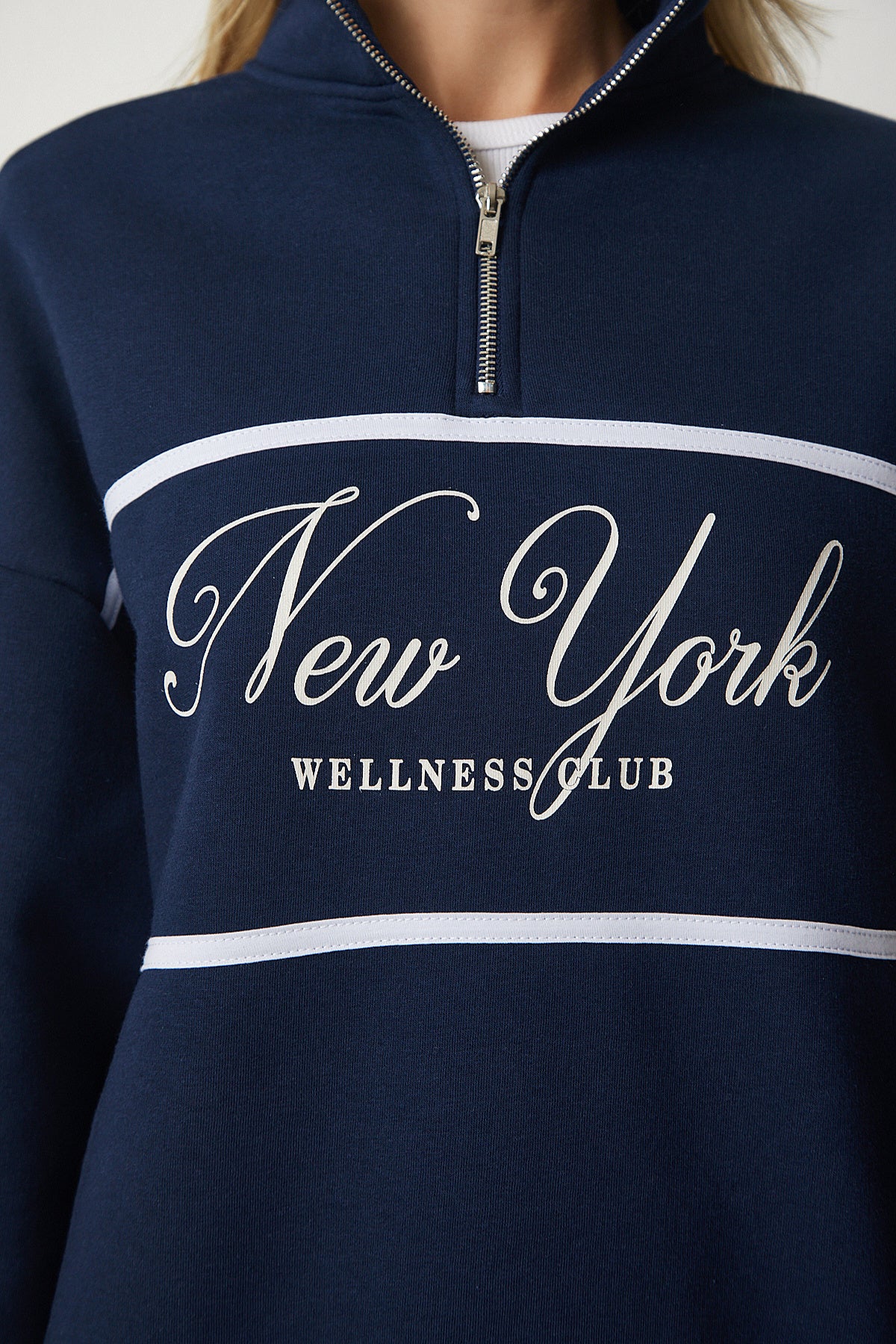 Lacivert Fermuarlı Yaka Baskılı Şardonlu Sweatshirt UB00168