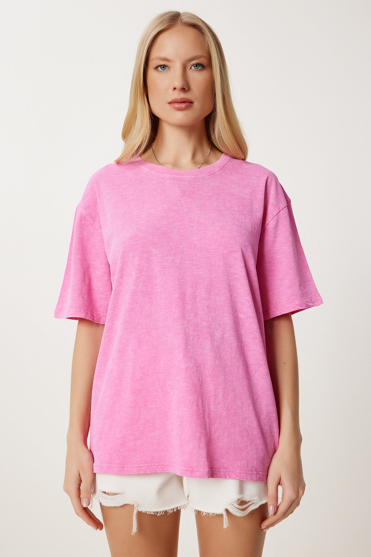 Pembe Yıkamalı Basic Örme T-Shirt AN00258