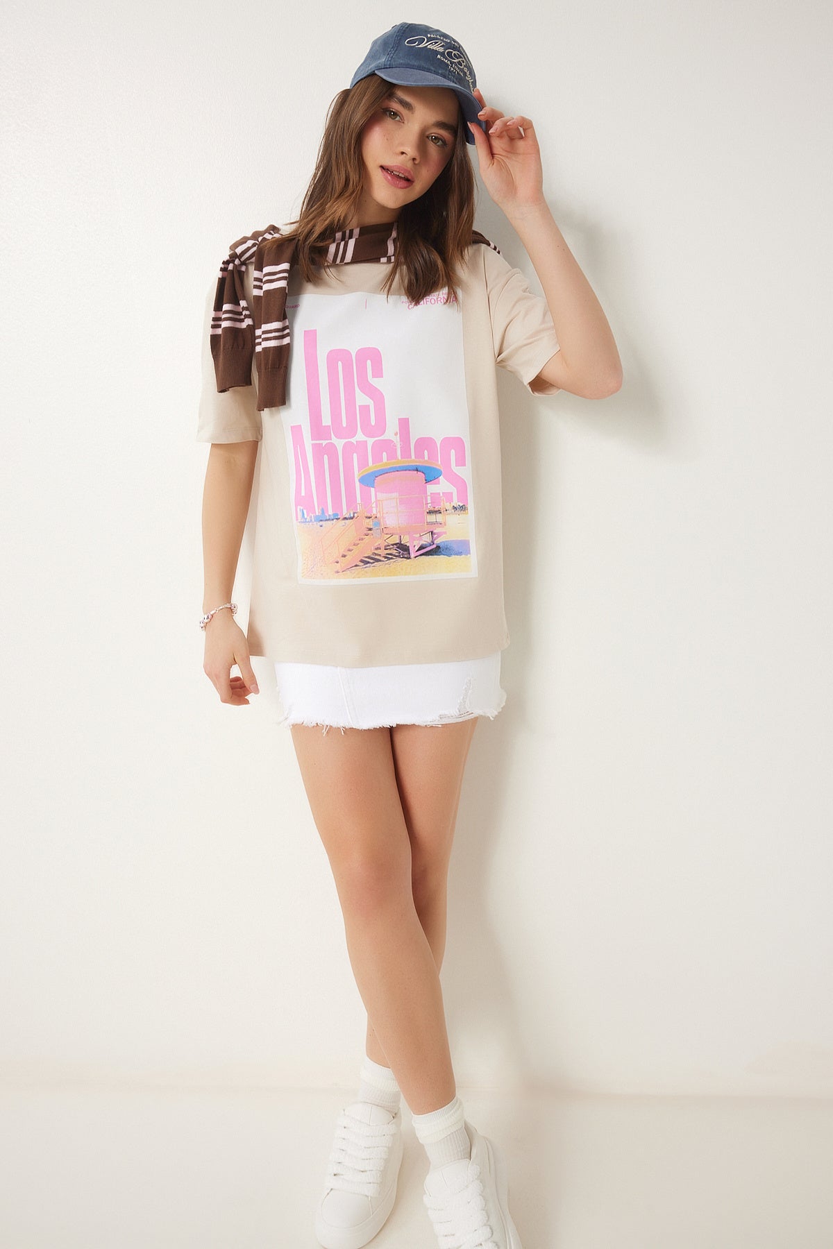 Krem Baskılı Pamuklu Oversize Örme T-Shirt CR00446