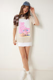 Krem Baskılı Pamuklu Oversize Örme T-Shirt CR00446