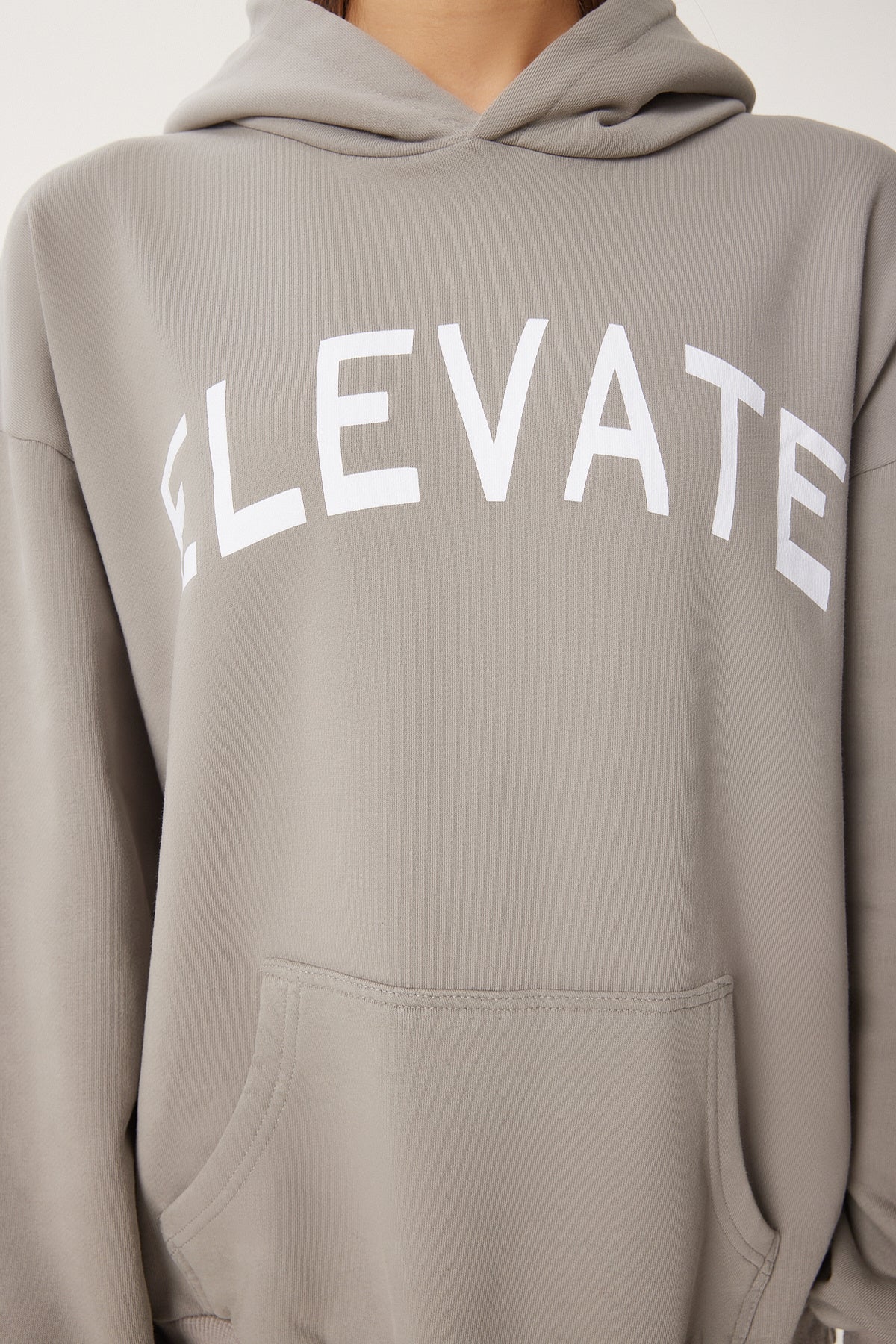 Gri Kapüşonlu Baskılı Oversize Örme Sweatshirt CE00095