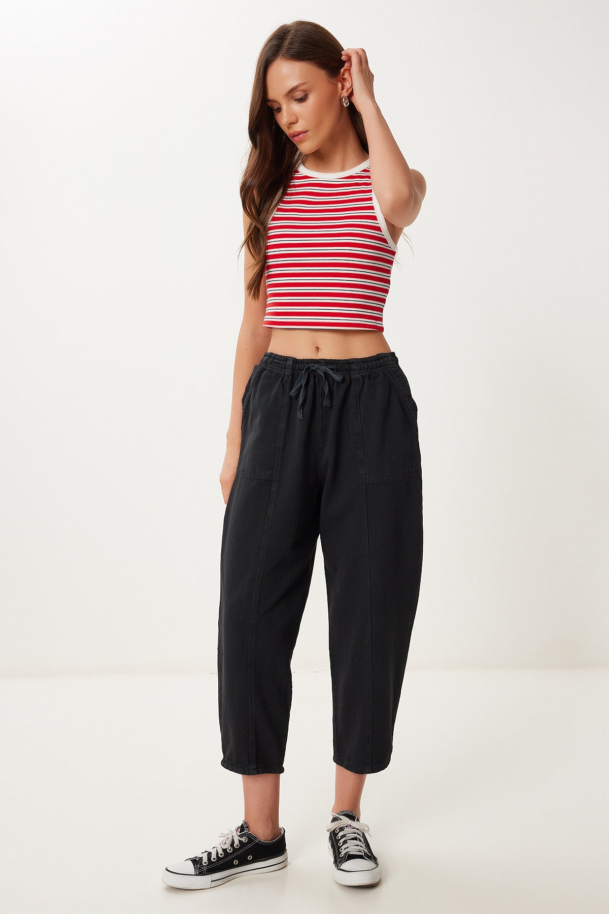 Siyah Capri Rahat Gabardin Pantolon GP00019