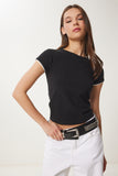Siyah Kemik Kontrast Renkli Örme T-Shirt UB00369