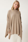 Bej Yandan Yırtmaçlı Oversize Panço Kazak YY00005